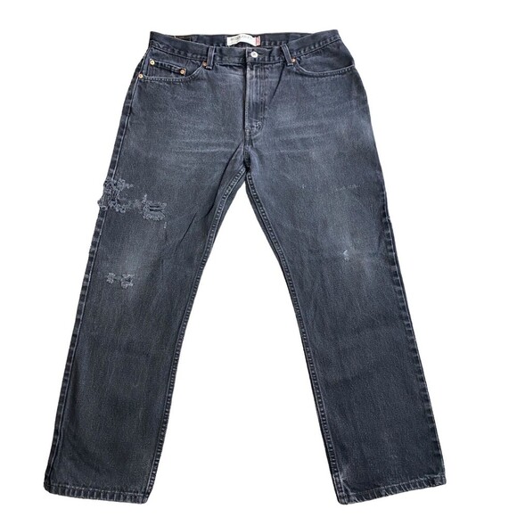 Levis 505 Black Denim Regular Fit Jeans Pants 38 x 32 Distressed - Picture 1 of 16